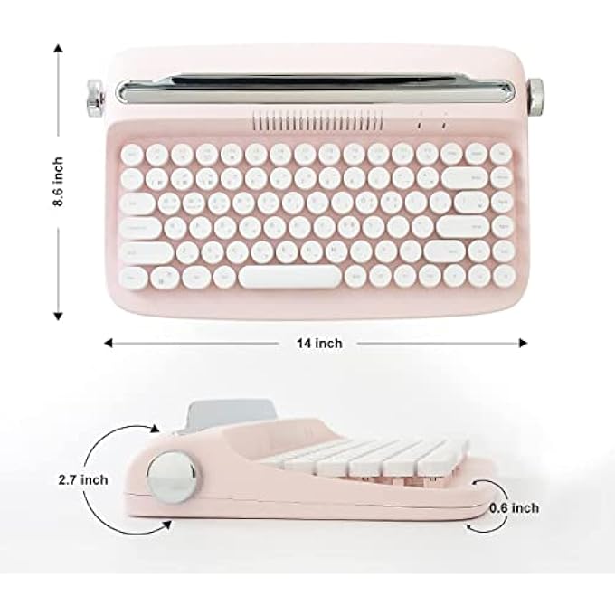 rayihni لوحة مفاتيح كاتبة لاسلكية ACTTO B303، اتصال بلوتوث، تصميم ريترو لطيف مع حامل مدمج للتابلت، الهاتف، الكمبيوتر و وين/ماك/أندرويد (وردي فاتح، B303) - Image 2