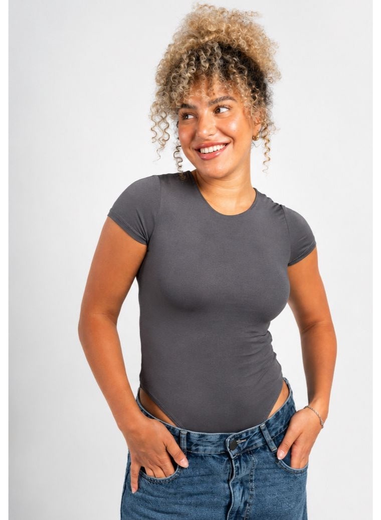 Beyond sportswear Women's Charcoal grey Boat neck short sleeve bodysuit - Image 1
