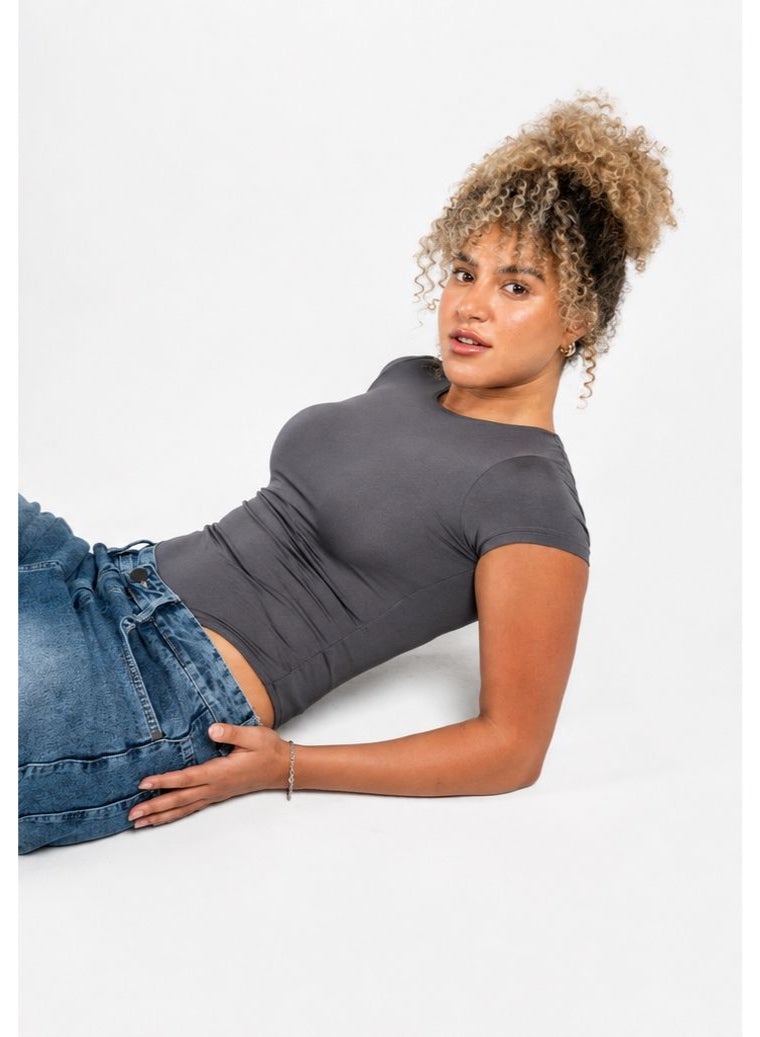 Beyond sportswear Women's Charcoal grey Boat neck short sleeve bodysuit - Image 2