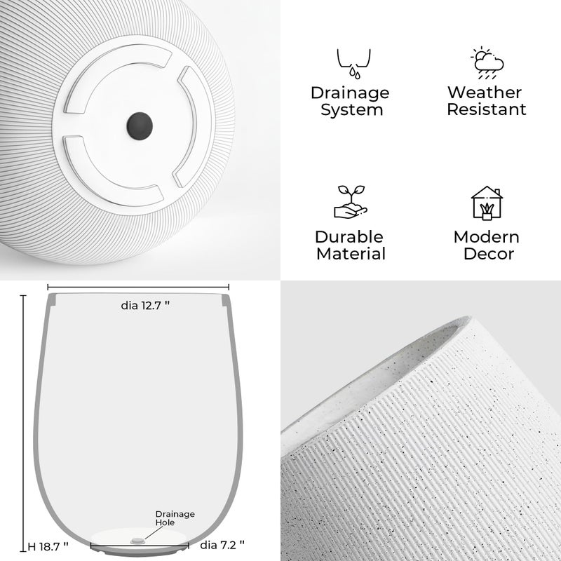 Worth Garden White Large Round Planter, 12.5" Dia x 18.5" H Lightweight Magnesium Oxide Cement Plant Pot with a Striped Textured Finish, Raised Pattern Concrete Look, Drainage Hole, Indoor & Outdoor - Image 2