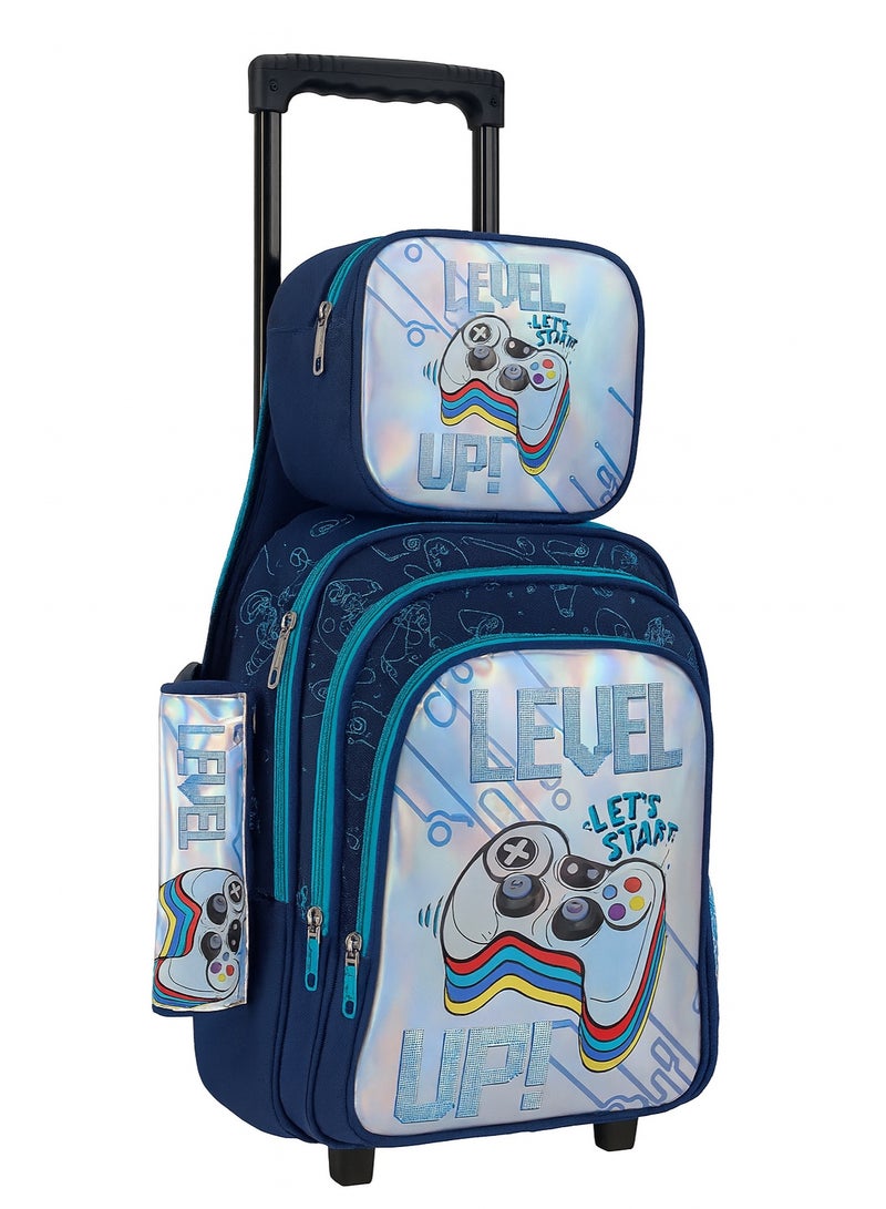 مجموعة شنطة مدرسية بعجلات للأولاد مكونة من 3 قطع – شنطة ظهر بعجلات مع حقيبة طعام ومقلمة – خفيفة الوزن، متينة، ومناسبة للأطفال - Image 3
