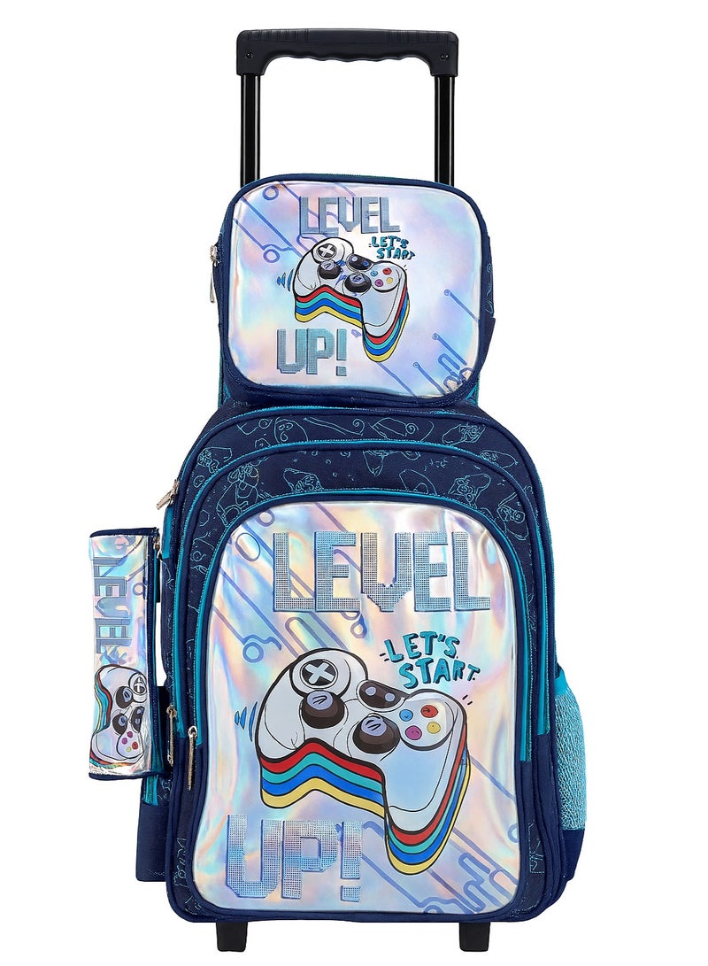 مجموعة شنطة مدرسية بعجلات للأولاد مكونة من 3 قطع – شنطة ظهر بعجلات مع حقيبة طعام ومقلمة – خفيفة الوزن، متينة، ومناسبة للأطفال - Image 1