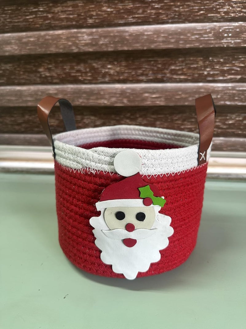 Christmas Gift Basket Cotton Rope Jute Basket with Santa Claus Decor Red and White - Image 3