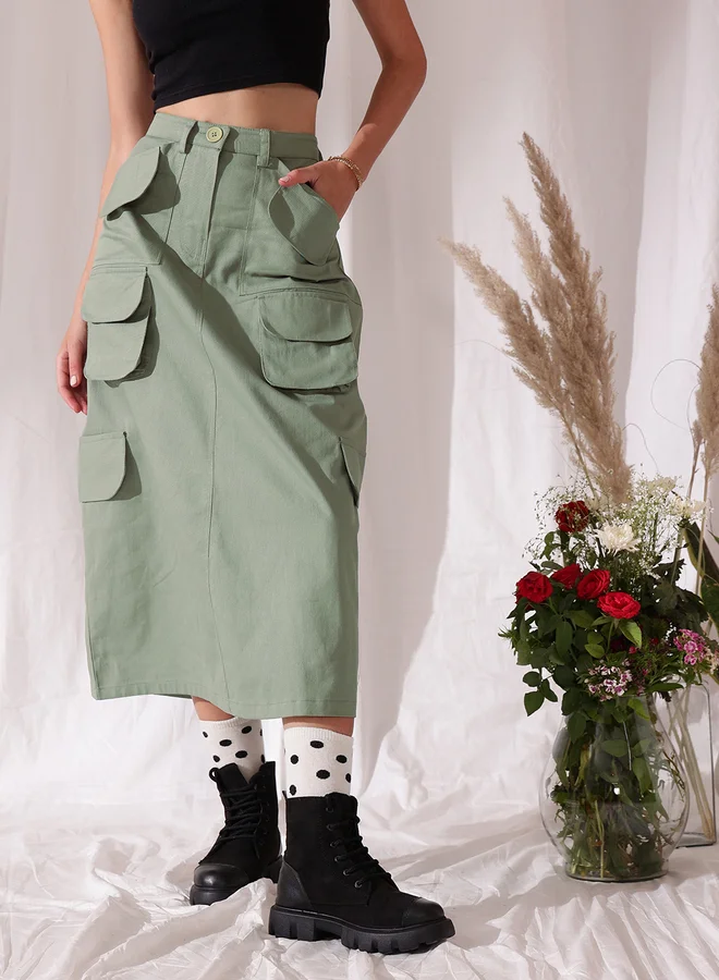 STREET 9 STREET 9 Pure Cotton Straight Midi Skirt with Pockets Detail
