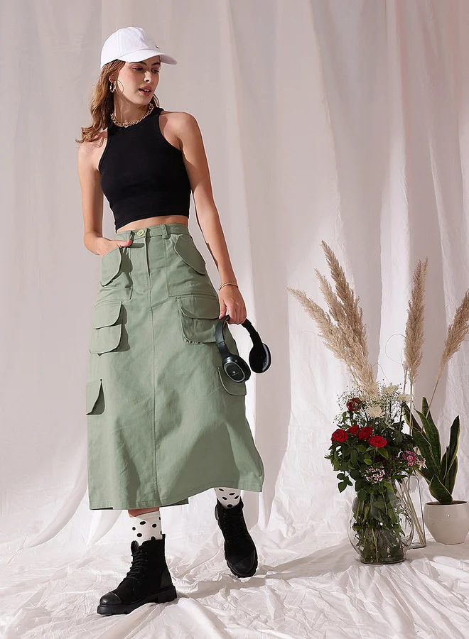 STREET 9 STREET 9 Pure Cotton Straight Midi Skirt with Pockets Detail