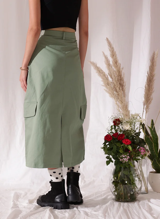 STREET 9 STREET 9 Pure Cotton Straight Midi Skirt with Pockets Detail