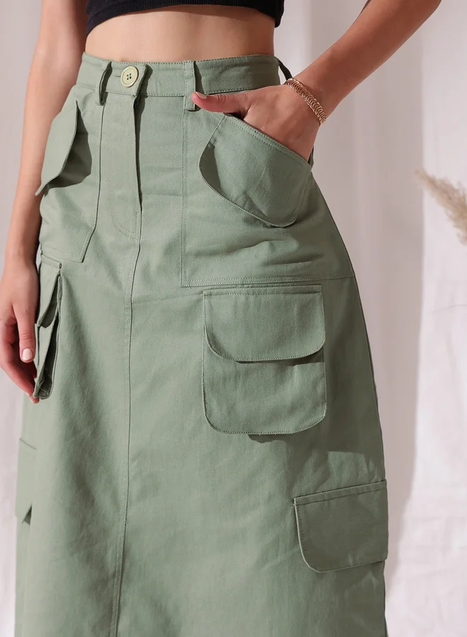 STREET 9 STREET 9 Pure Cotton Straight Midi Skirt with Pockets Detail