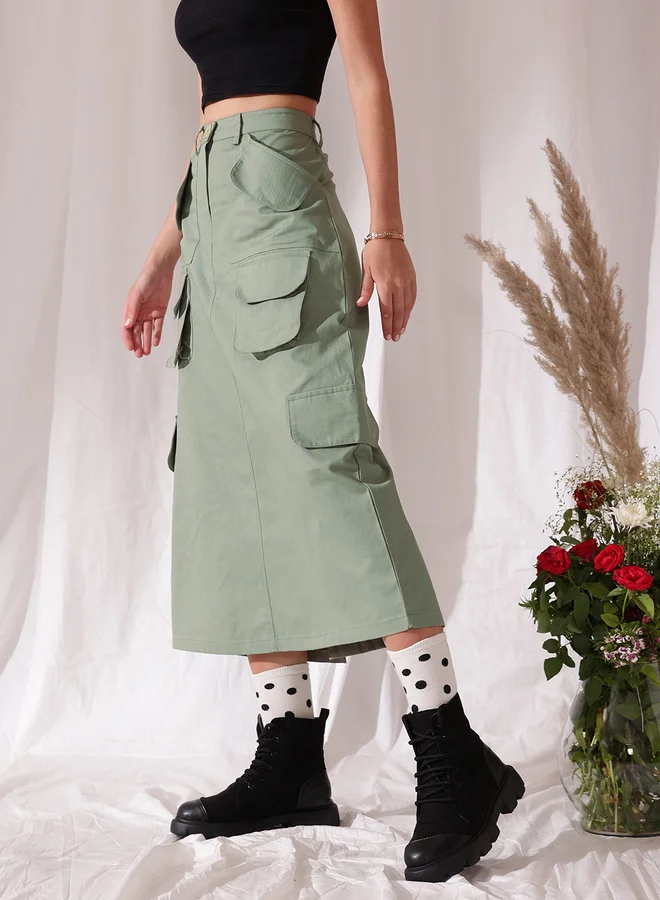 STREET 9 STREET 9 Pure Cotton Straight Midi Skirt with Pockets Detail