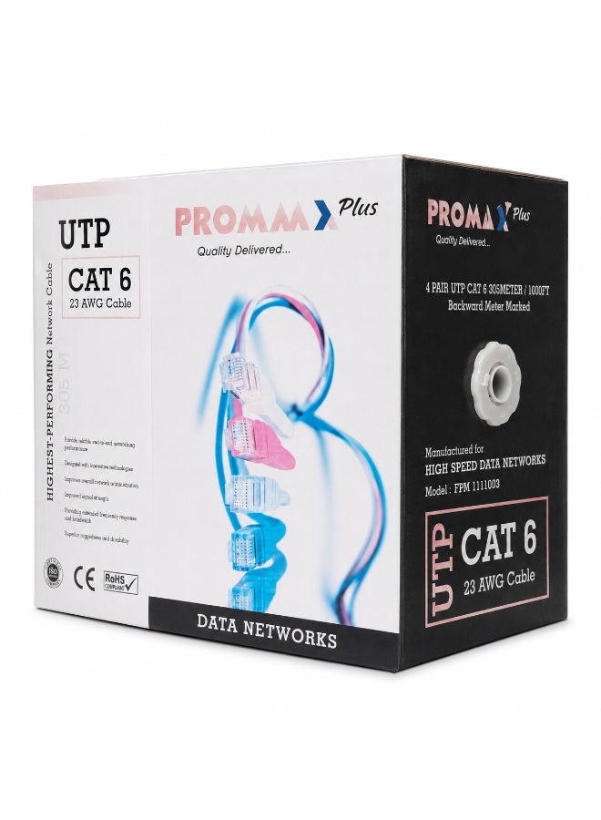 PROMAX Plus UTP CAT6 Networking Cable 305M, 23 AWG 4 Pair Ethernet Cable, Backward Meter Marked, Blue - Image 1