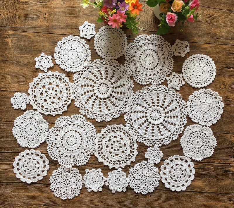 MINDPLUS Set of 24 Hand Crochet Doilies Cotton Crocheted Lace Doilies 2-7 Inches Round White Vintage (24pcs White) - Image 1