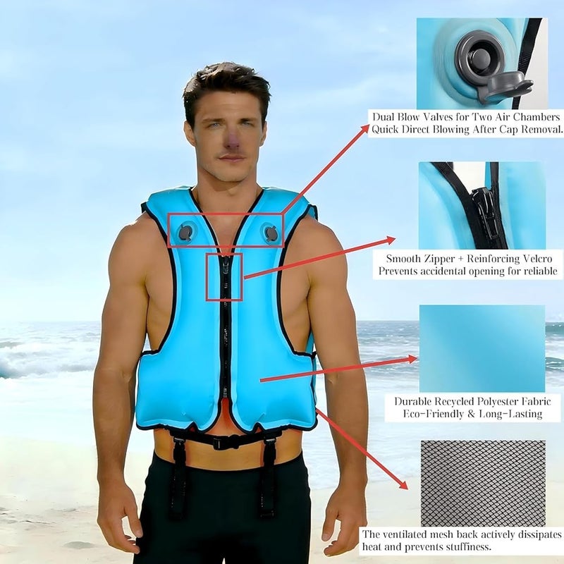 FORWEWAY Adults High-Visibility Inflatable Swimming Jacket Adjustable Buoyancy Vest with Dual Air Chambers for Surfing Kayaking Diving Water Safety - Image 2