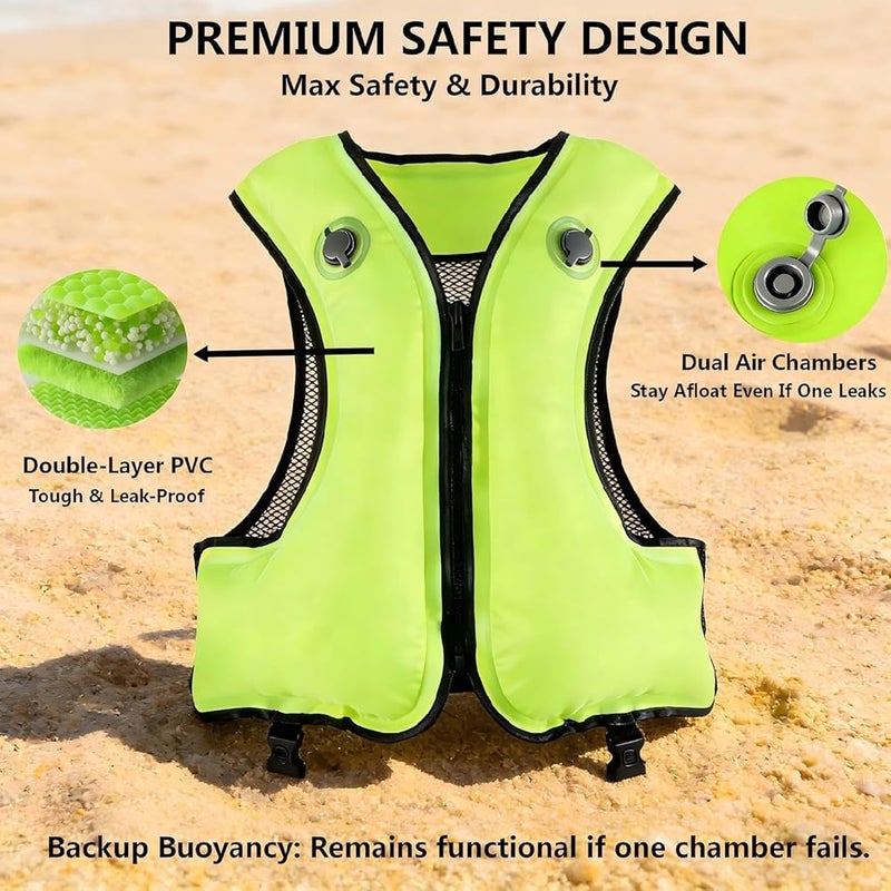 FORWEWAY Adults High-Visibility Inflatable Swimming Jacket Adjustable Buoyancy Vest with Dual Air Chambers for Surfing Kayaking Diving Water Safety - Image 3