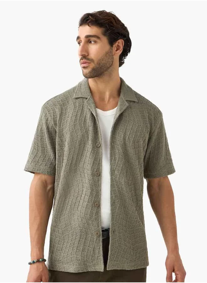 Iconic Iconic Textured Camp Collar Shirt with Short Sleeves