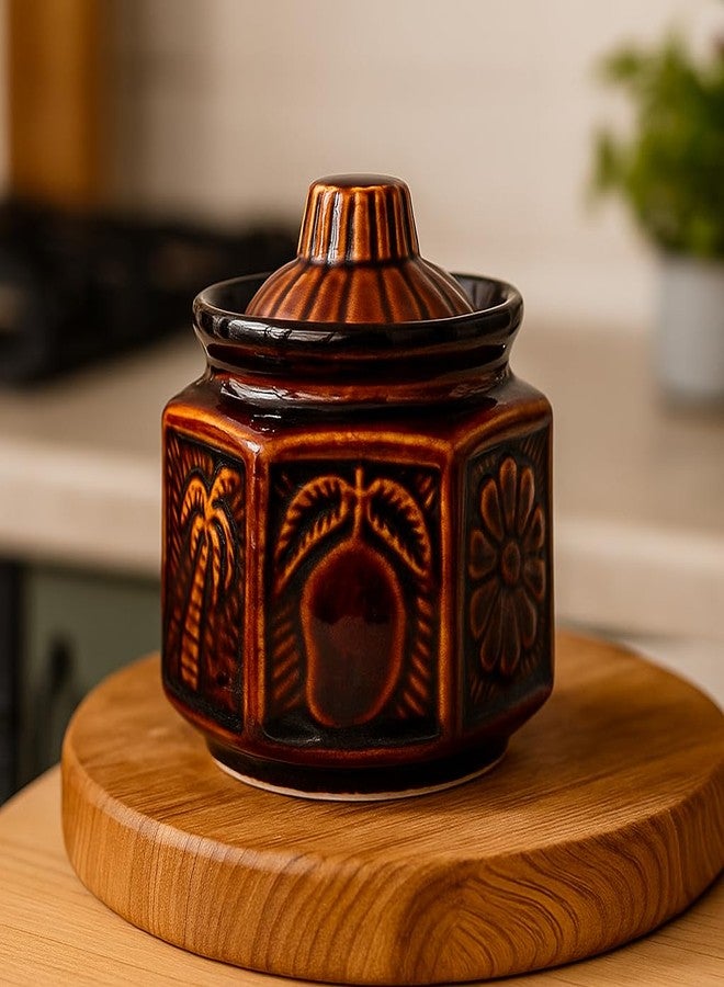 ThinKraft Handmade Ceramic Mini Salt Jar | Achaar Barni | Container for kitchen storage, 300 ml,1 Piece, Brown (Mini) - Image 1