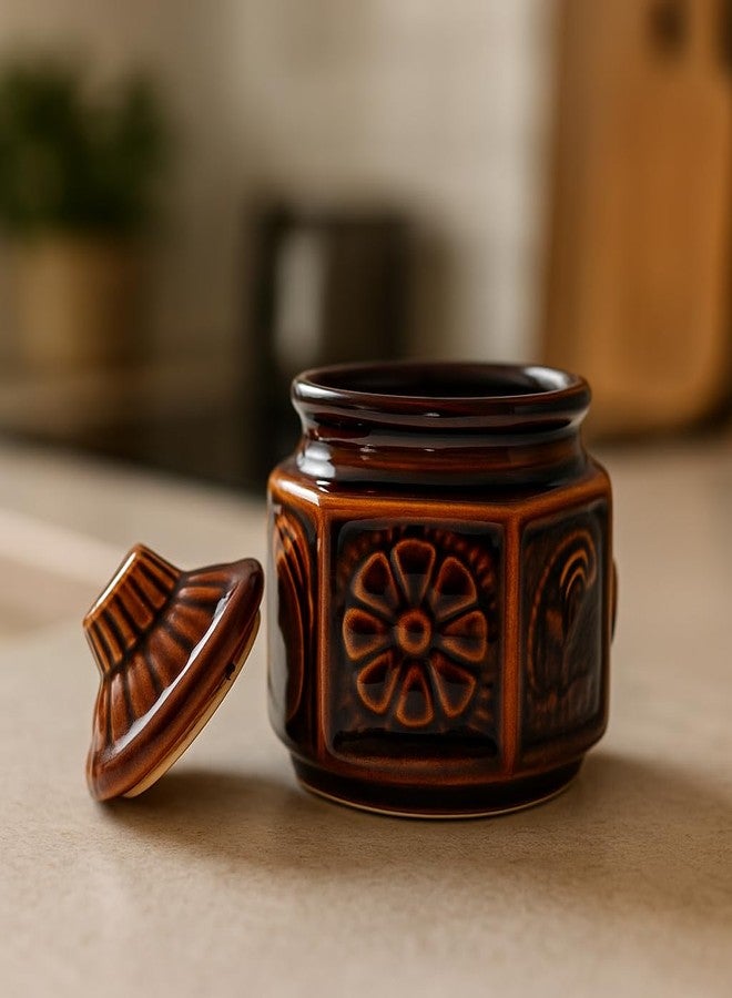 ThinKraft Handmade Ceramic Mini Salt Jar | Achaar Barni | Container for kitchen storage, 300 ml,1 Piece, Brown (Mini) - Image 2