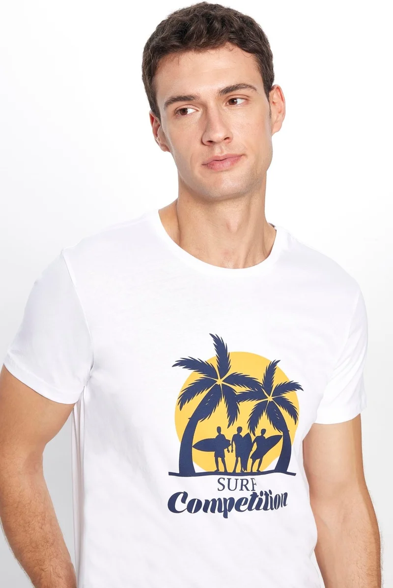 Tudors Men's Slim Fit Narrow Cut Cotton Soft Textured Printed White Crew Neck T-Shirt