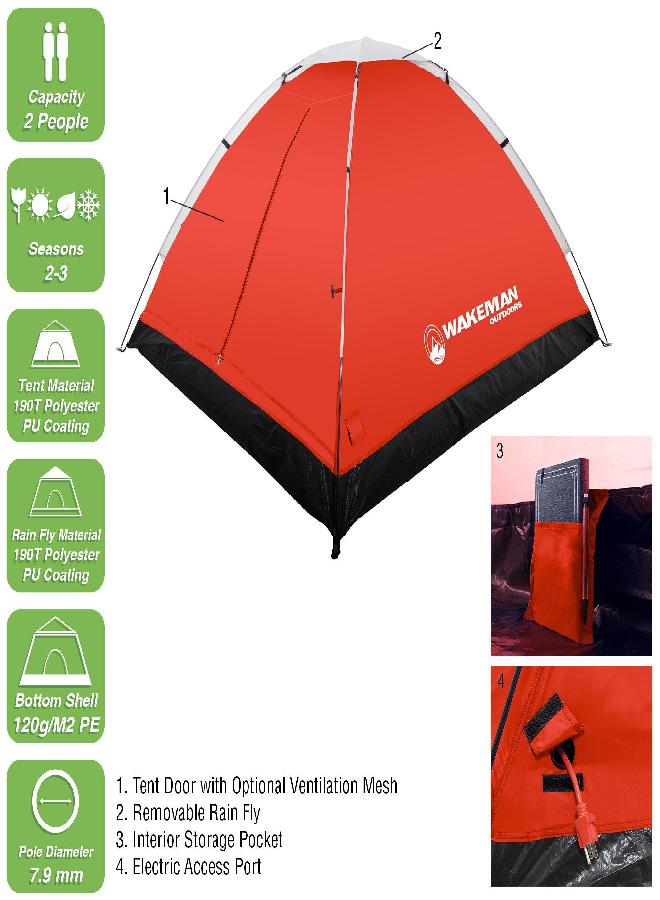 Wakeman 2-Person Tent - Water-Resistant Dome Tent with Removable Rain Fly and Carry Bag for Camping, Backpacking, Hiking, and Festivals by Wakeman (Red)  - Image 3