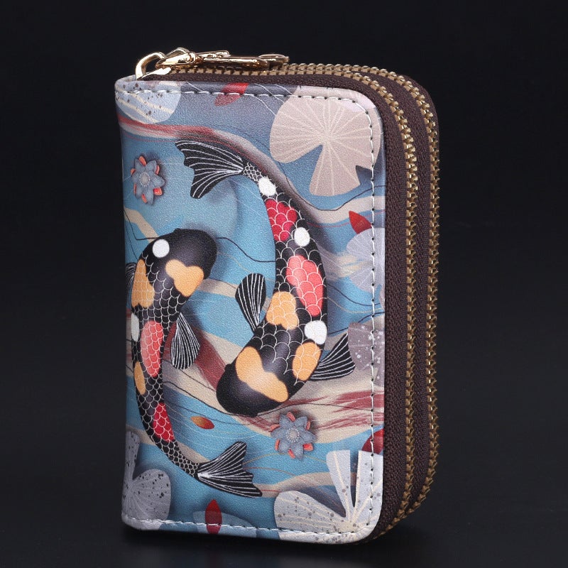 Double Zipper Card Holder Girls Cute Large Capacity Card Holder Drivers License Card Holder Coin Purse Anime Printed Multi-Card Holder Fish [28 cards]]