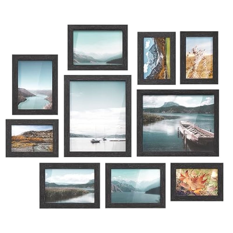 إطارات الصور، 10 إطارات صور مجمعة مع اثنين مقاس 8 × 10، أربعة مقاس 5 × 7، أربعة مقاس 4 × 6، مجموعة إطارات صور لديكور معرض الحائط، شاشة معلقة أو سطح الطاولة، واجهة زجاجية شفافة، أسود - Image 1