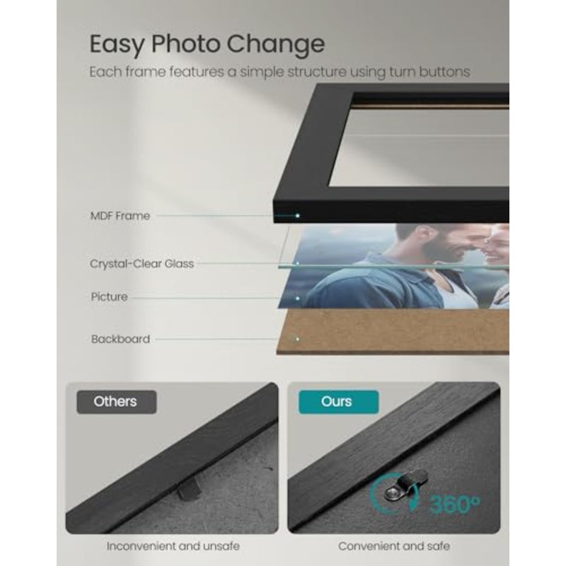 إطارات الصور، 10 إطارات صور مجمعة مع اثنين مقاس 8 × 10، أربعة مقاس 5 × 7، أربعة مقاس 4 × 6، مجموعة إطارات صور لديكور معرض الحائط، شاشة معلقة أو سطح الطاولة، واجهة زجاجية شفافة، أسود - Image 4
