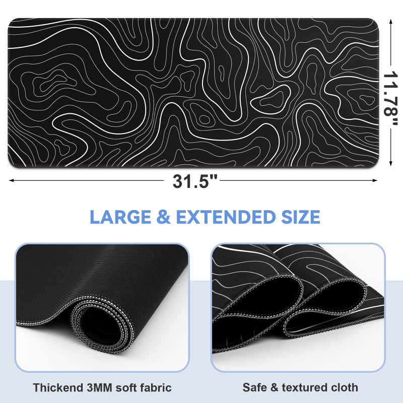 DIGSOM Mouse Pad Gaming Mousepad 31.5 x 11.8in Large Mouse Pad for Keyboard and Mouse with Anti-Slip Rubber Base, Keyboard Pad XL Mouse Mat for Home and Officeï¼ˆBlack with White Topographic Lineï¼‰ - Image 2