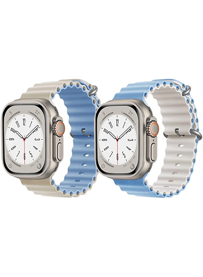 IAF Silicone Ocean Band Strap for Apple Watch Ultra 8 49mm Beige/Sky Blue Double Side Strap with Sky Blue/White Double Side Strap Set of 2
