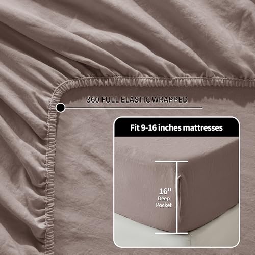 LBRO2M 100% Pure Linen Sheet Set Deep Pocket Up to 16" Bed Sheets Sets, Natural Flax Beddings Soft, Breathable, Comfortable for All Seasons 4 Pcs Sheet Set King Size, Mauve Desert - Image 3