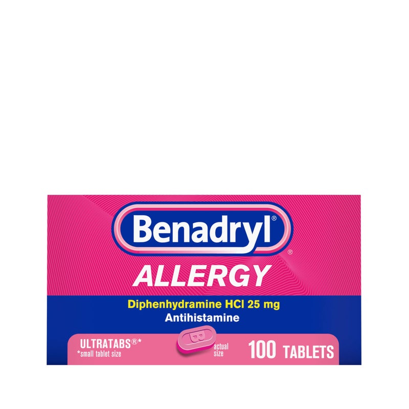 Benadryl بنادريل أولتراتابس دواء مضاد للهستامين لتخفيف أعراض الحساسية، أقراص ديفينهيدرامين HCl لتخفيف أعراض البرد والحساسية مثل العطس، سيلان الأنف، وحكة العينين والحنجرة، 100 حبة - Image 1