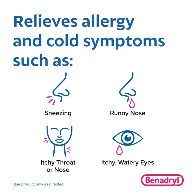 Benadryl بنادريل أولتراتابس دواء مضاد للهستامين لتخفيف أعراض الحساسية، أقراص ديفينهيدرامين HCl لتخفيف أعراض البرد والحساسية مثل العطس، سيلان الأنف، وحكة العينين والحنجرة، 100 حبة - Image 3