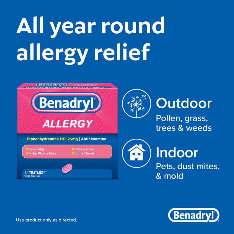 Benadryl بنادريل أولتراتابس دواء مضاد للهستامين لتخفيف أعراض الحساسية، أقراص ديفينهيدرامين HCl لتخفيف أعراض البرد والحساسية مثل العطس، سيلان الأنف، وحكة العينين والحنجرة، 100 حبة - Image 4