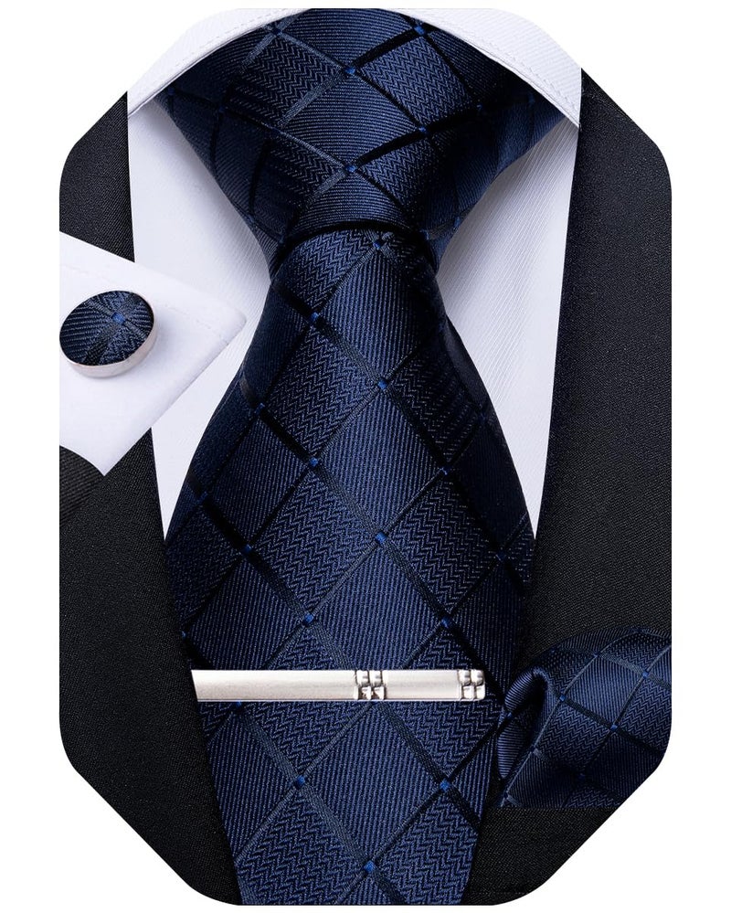 DiBanGu Plaid Ties for Men Silk Checkered Necktie and Pocket Square Cufflinks Tie Clip Set with Gift Box for Wedding Business, Navy Blue - Image 1