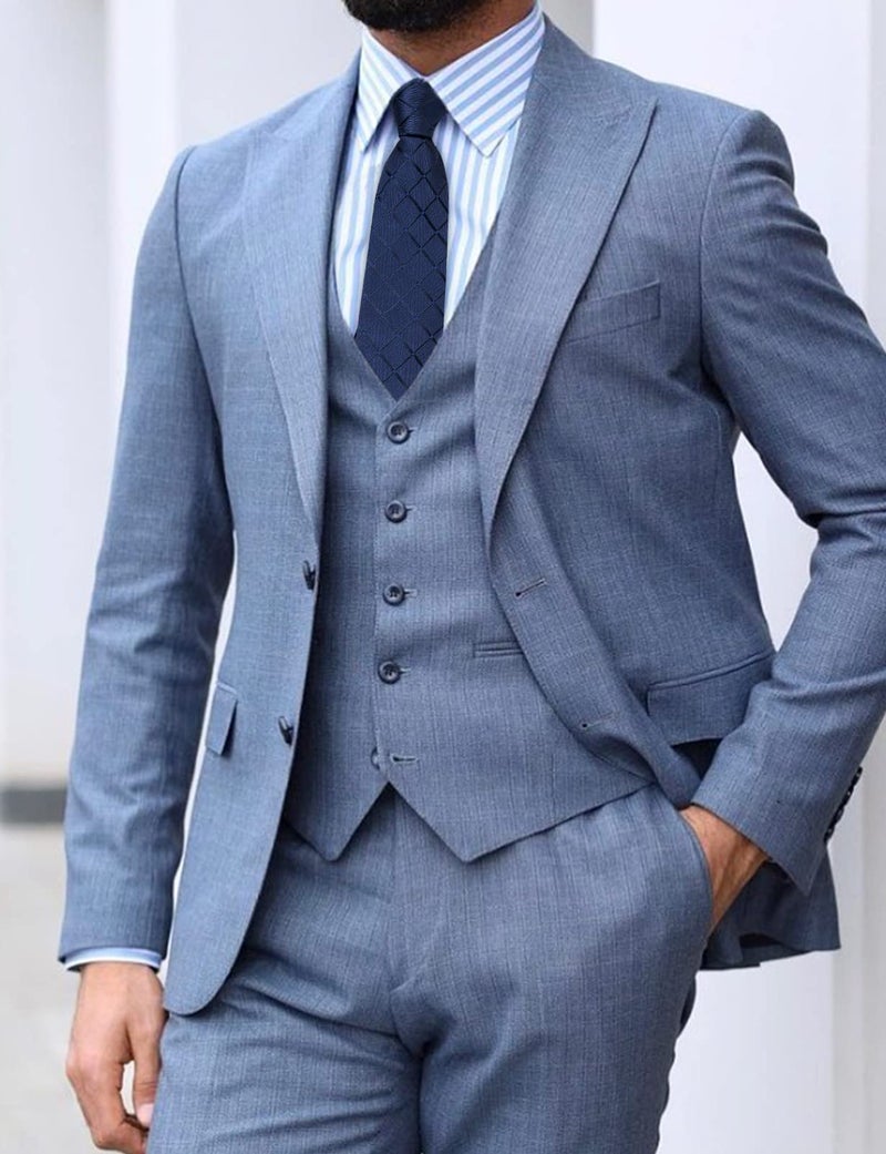 DiBanGu Plaid Ties for Men Silk Checkered Necktie and Pocket Square Cufflinks Tie Clip Set with Gift Box for Wedding Business, Navy Blue - Image 4