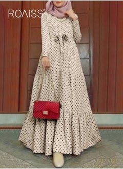 roaiss Women's Long Sleeve Vintage Polka Dot Robe Long Skirt Fashion Belt Large Hem Islamic Muslim Clothing  - Image 1