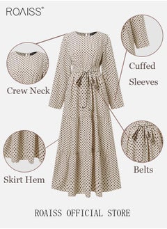 roaiss Women's Long Sleeve Vintage Polka Dot Robe Long Skirt Fashion Belt Large Hem Islamic Muslim Clothing  - Image 2