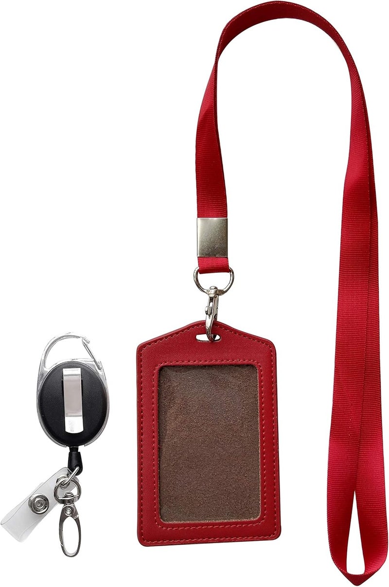 HoAoOo ID Card Case + Heavy Duty Lanyard (Red)+ Badge Holder Retractable Reel Carabiner and Plastic Clip (Soft Genuine Leather Case) - Image 1