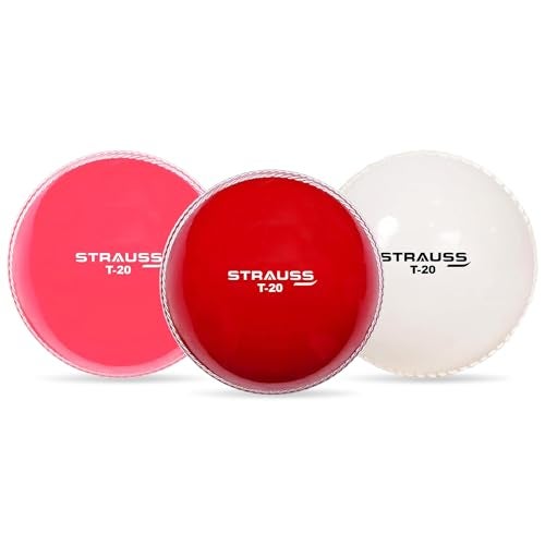 STRAUSS Synthetic Cricket Balls | Model: T-20 | Standard Size | Pack of 3 Color: Red, White and Pink | for Matches & Practice | for All Age Groups | Midweight T-20 Ball - Image 1