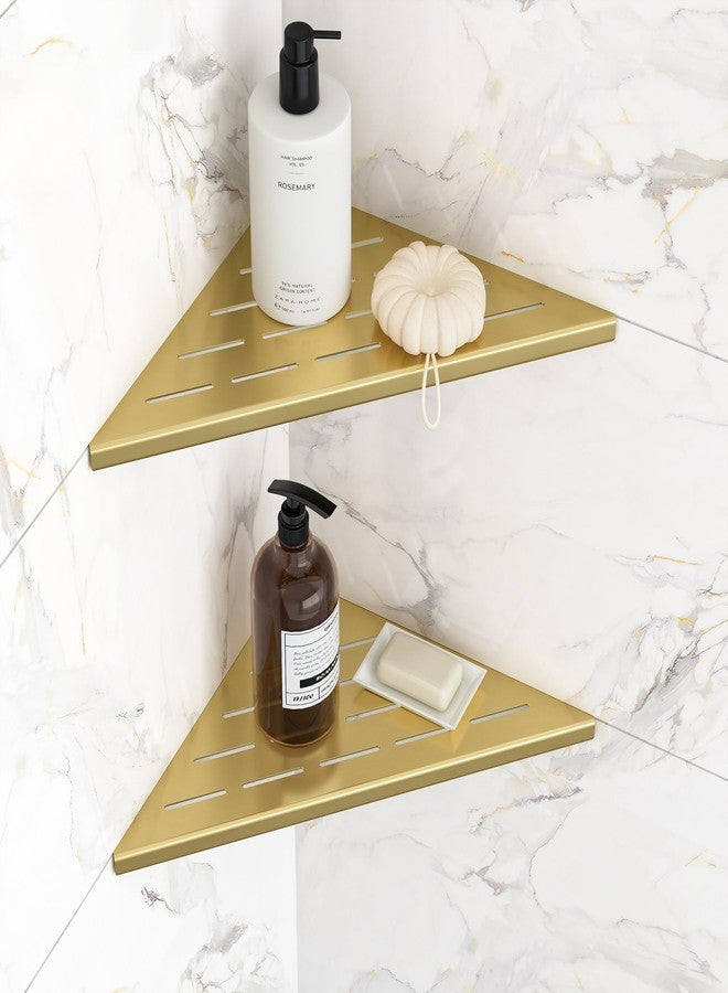 Qeke Corner Shower Shelves, 10” Recessed Tile Shower Shelf, 304 Stainless Steel Grout in Corner Tile Shower Shelves, No Drilling, Brushed Golden, 2 Pack - Image 1
