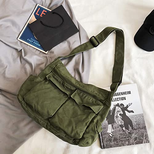 GAXOS Aesthetic Cute Messenger Bag for School Vintage Green Canvas Crossbody for Women Shoulder Laptop Bag - Image 2