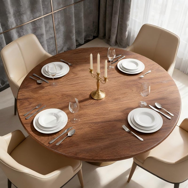 LUSHVIDA Round Waterproof Table Cover Elastic Vinyl Fitted Tablecloth Elastic Edged Plastic Table Cloth (Oak, Best for Up to 36"-44" Round) - Image 2