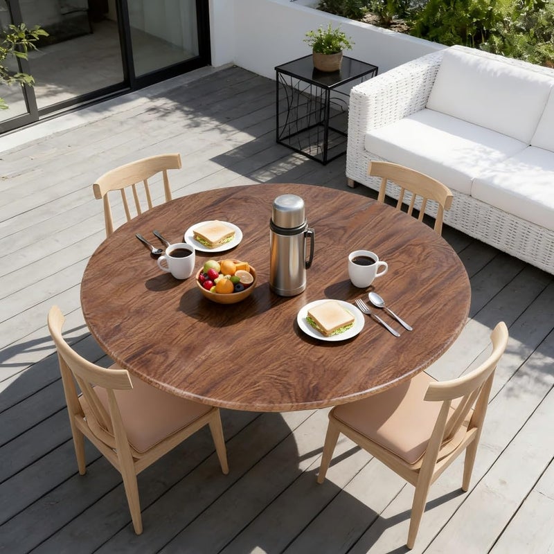 LUSHVIDA Round Waterproof Table Cover Elastic Vinyl Fitted Tablecloth Elastic Edged Plastic Table Cloth (Oak, Best for Up to 36"-44" Round) - Image 3