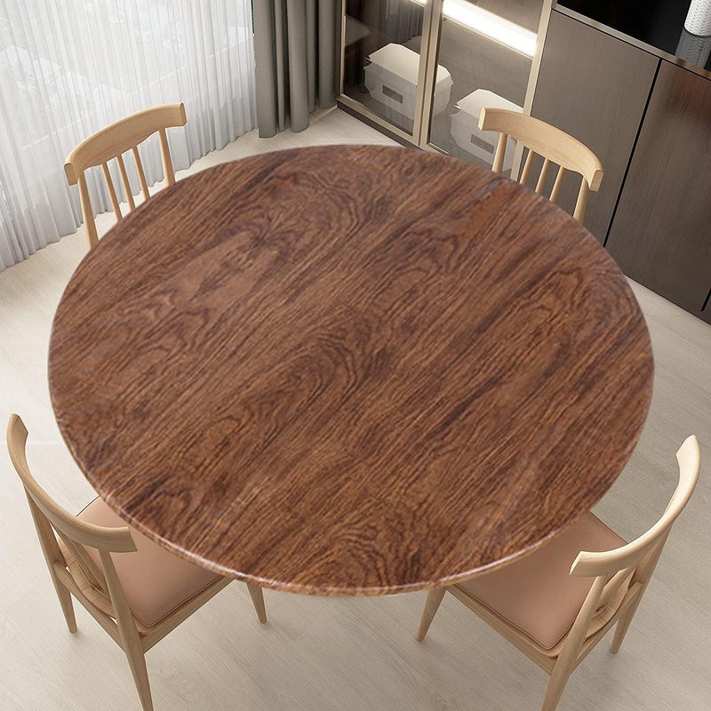 LUSHVIDA Round Waterproof Table Cover Elastic Vinyl Fitted Tablecloth Elastic Edged Plastic Table Cloth (Oak, Best for Up to 36"-44" Round) - Image 1