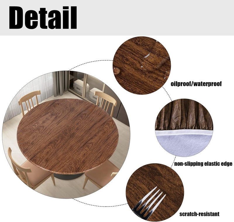 LUSHVIDA Round Waterproof Table Cover Elastic Vinyl Fitted Tablecloth Elastic Edged Plastic Table Cloth (Oak, Best for Up to 36"-44" Round) - Image 4