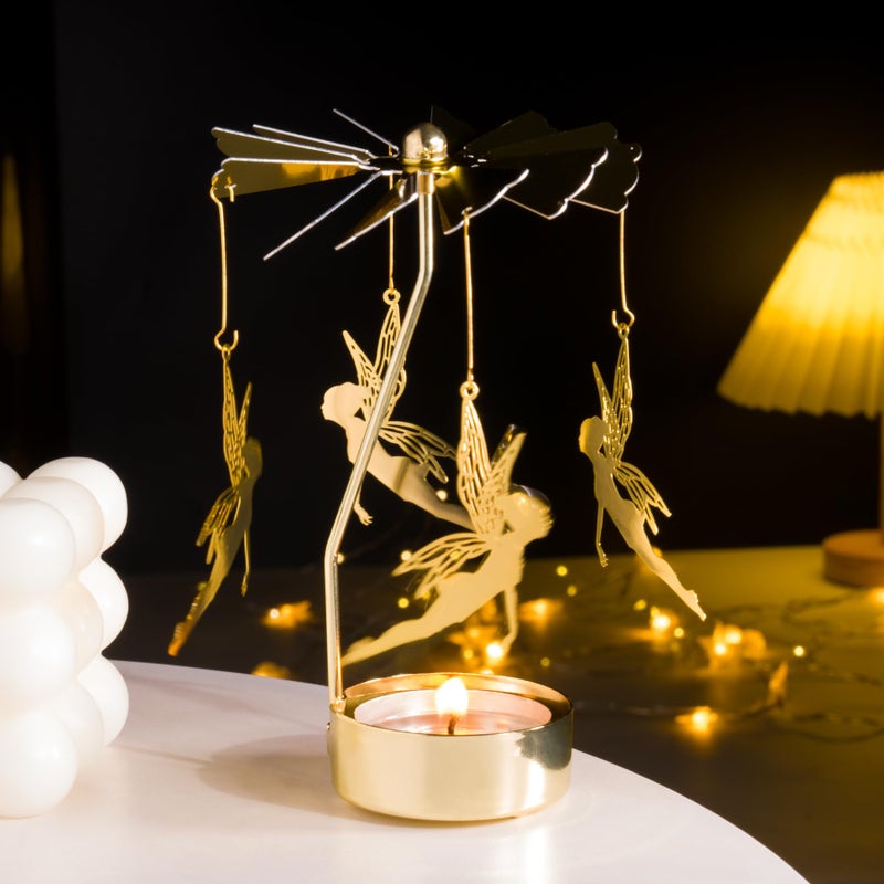 Toptime Spinning Candle Holder Gold Tea Lights Candle Holder Fairy Carousel Candle Spinner Rotating Metal Candle Holders for Table Centerpiece Angel Candle Holder for Christmas Festival Home Decor