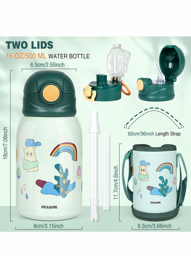SYOSI - 16oz Insulated Water Flask for Kids, Kids Inuslated Sport Water Bottle With Straw, Two Lids 316 Stainless Steel Water Bottles, Water Bottle Kids with Bottle Cover and Strap (Green) - Image 1