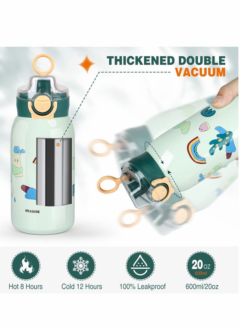 SYOSI - 16oz Insulated Water Flask for Kids, Kids Inuslated Sport Water Bottle With Straw, Two Lids 316 Stainless Steel Water Bottles, Water Bottle Kids with Bottle Cover and Strap (Green) - Image 1