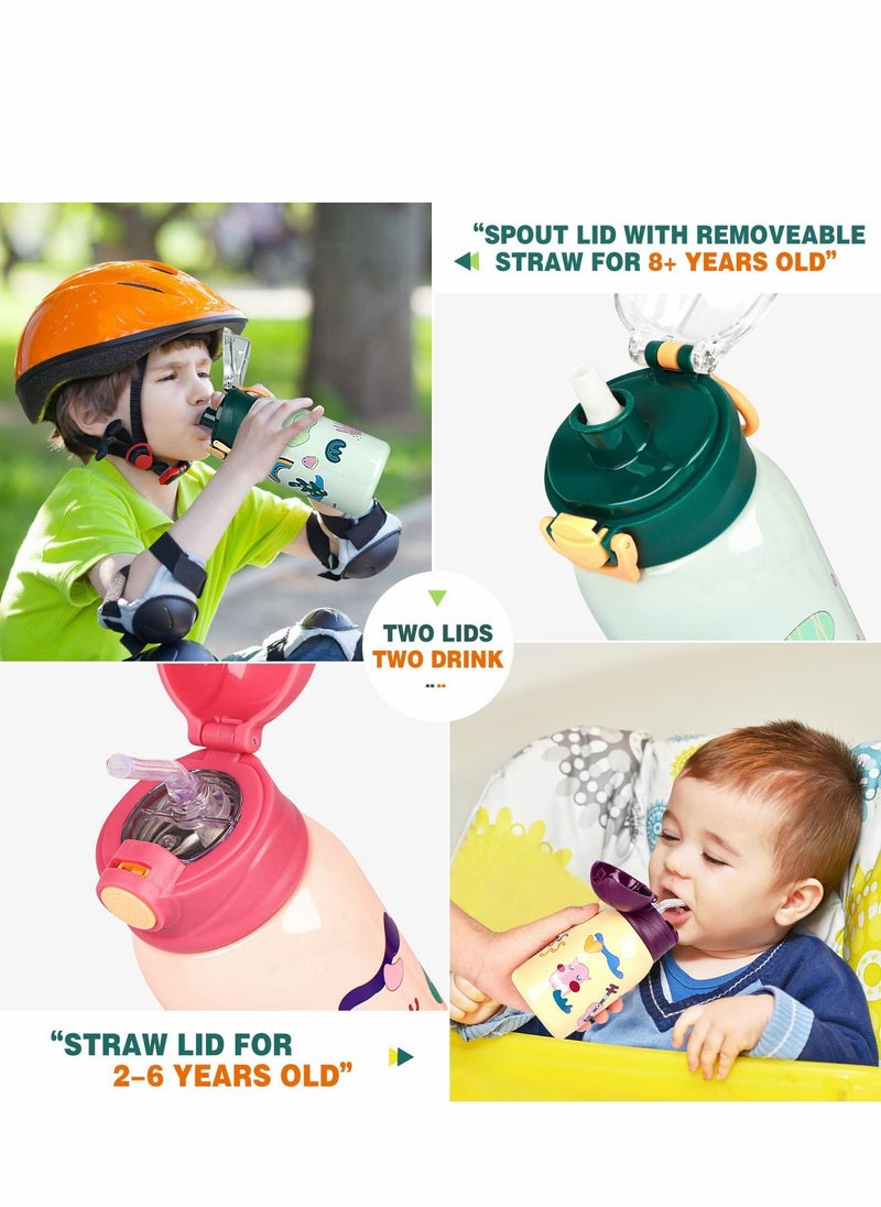SYOSI - 16oz Insulated Water Flask for Kids, Kids Inuslated Sport Water Bottle With Straw, Two Lids 316 Stainless Steel Water Bottles, Water Bottle Kids with Bottle Cover and Strap (Green) - Image 1