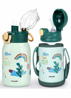 16oz Insulated Water Flask for Kids, Kids Inuslated Sport Water Bottle With Straw, Two Lids 316 Stainless Steel Water Bottles, Water Bottle Kids with Bottle Cover and Strap (Green)