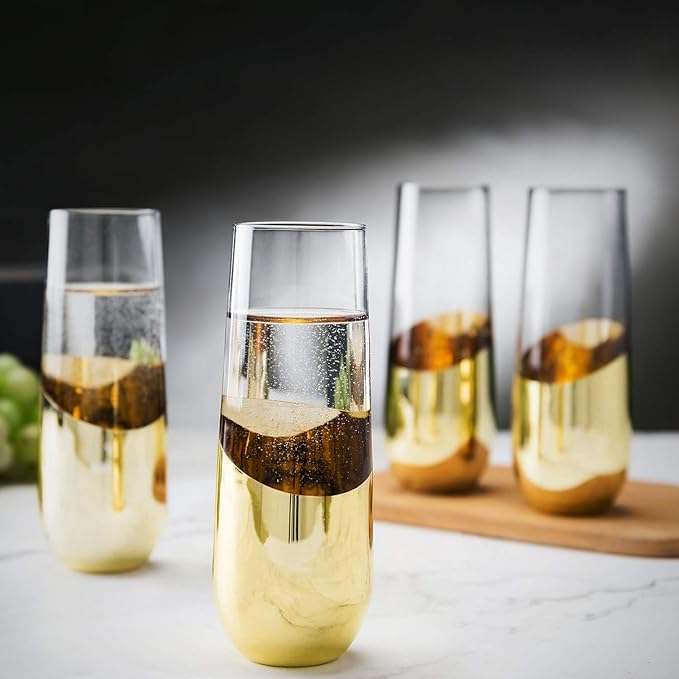 FALKOR Luxury Glassware 350 ML Gold Colour Plated Sparkling ChampagneWine Glass Modern Stemless Flutes Set of 6 for a Party Gifting or Even Display at Your bar of Home - Image 1