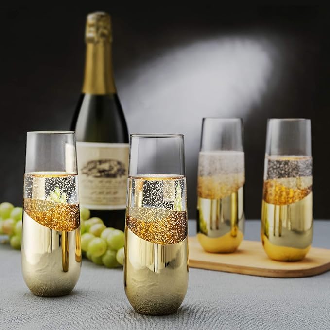 FALKOR Luxury Glassware 350 ML Gold Colour Plated Sparkling ChampagneWine Glass Modern Stemless Flutes Set of 6 for a Party Gifting or Even Display at Your bar of Home - Image 2