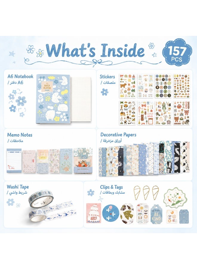 Daily Bloom 157 PCS Blue DIY Journal Gift Set, A6 Grid Notebook Scrapbook Stationery Kit with Stickers, Memo Notes, Decorative Papers, Washi Tape, Clips & Tags, Cute Blue Notebook Gift Box for Journaling, Planning, Scrapbooking and Students - Image 4